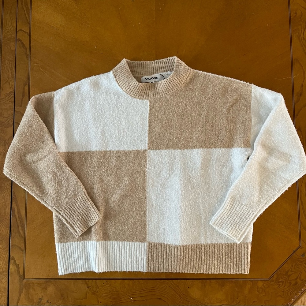 VIGOSS Color Block Patchwork Wool-Blend Sweater Tan Cream Camel Sz Med Neutral